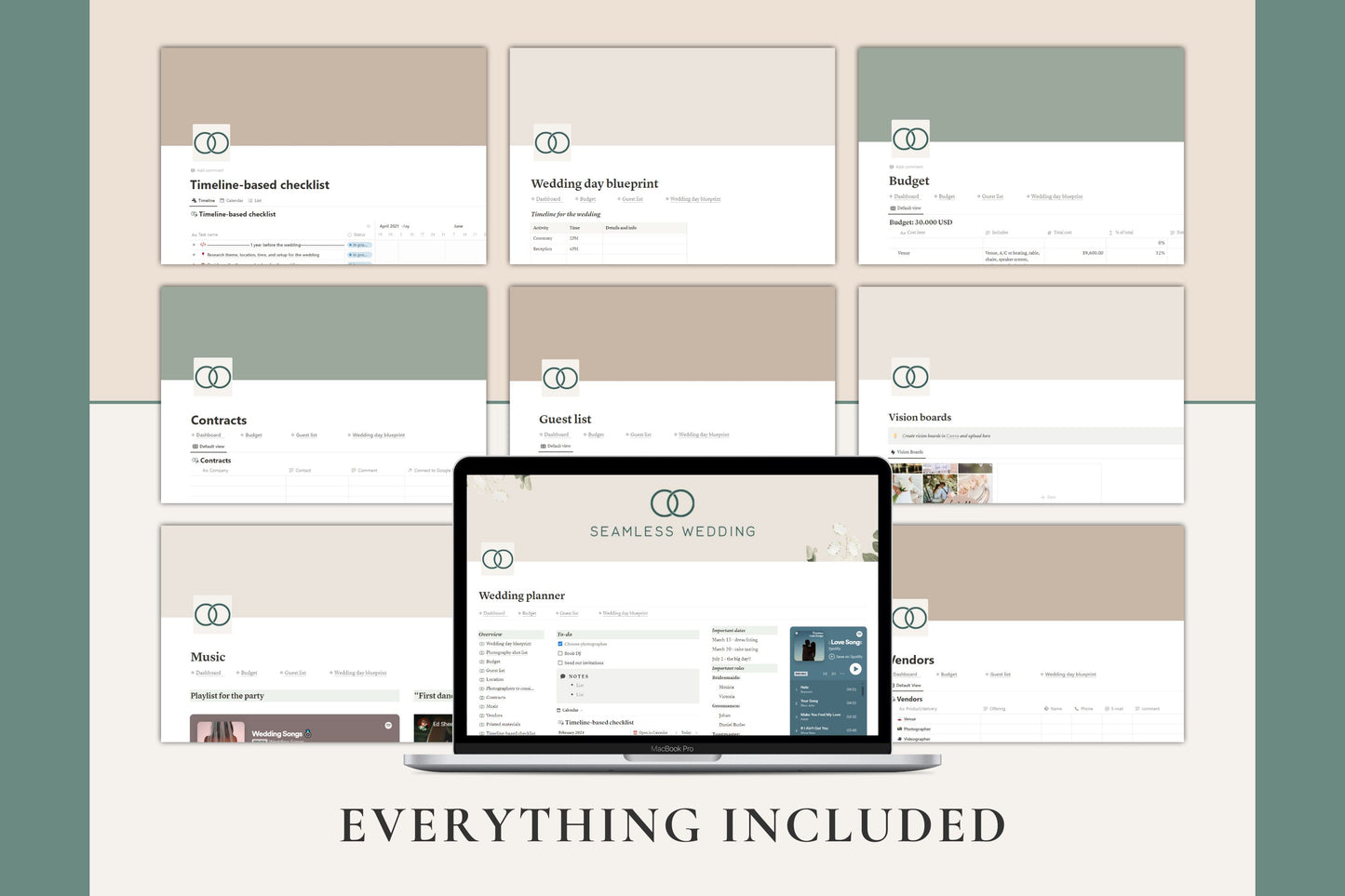 What's included in Seamless wedding planning Notion tool 
