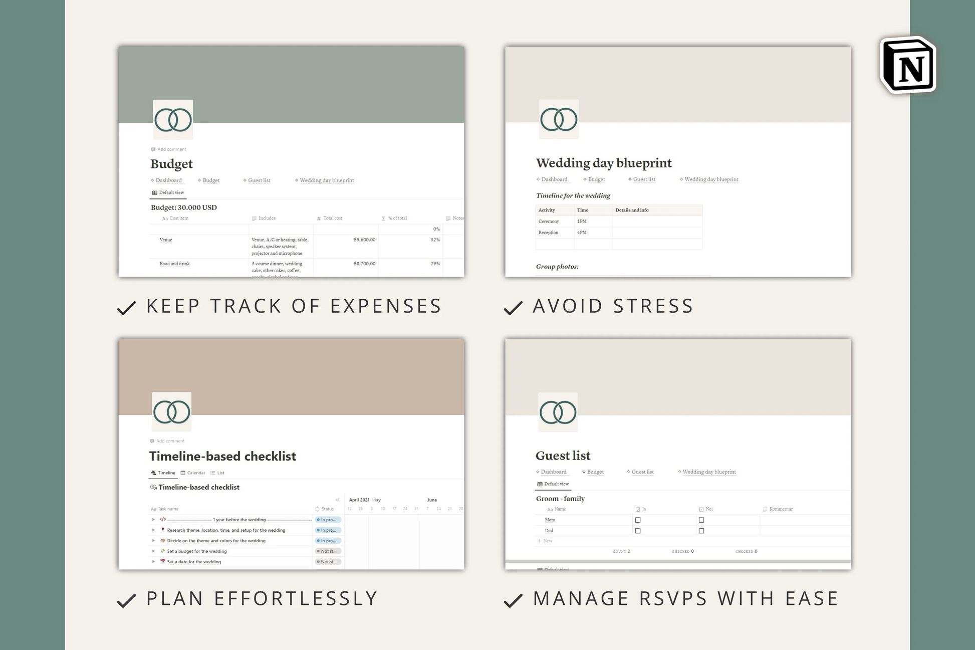 What's included in Seamless wedding planning Notion tool 